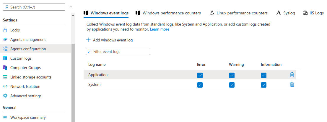 Windows event logs settings