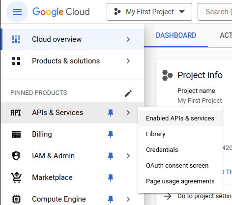 GCP APIs menu