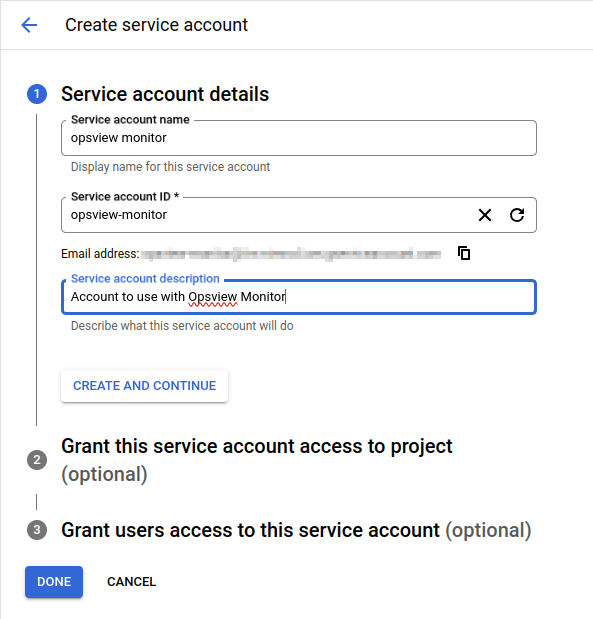 Create service account step 1